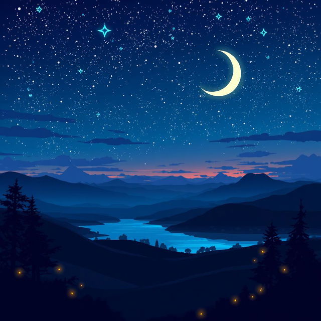 A very beautiful night landscape illustrated in pixel art style, showcasing a rich night sky filled with twinkling stars and a luminous crescent moon