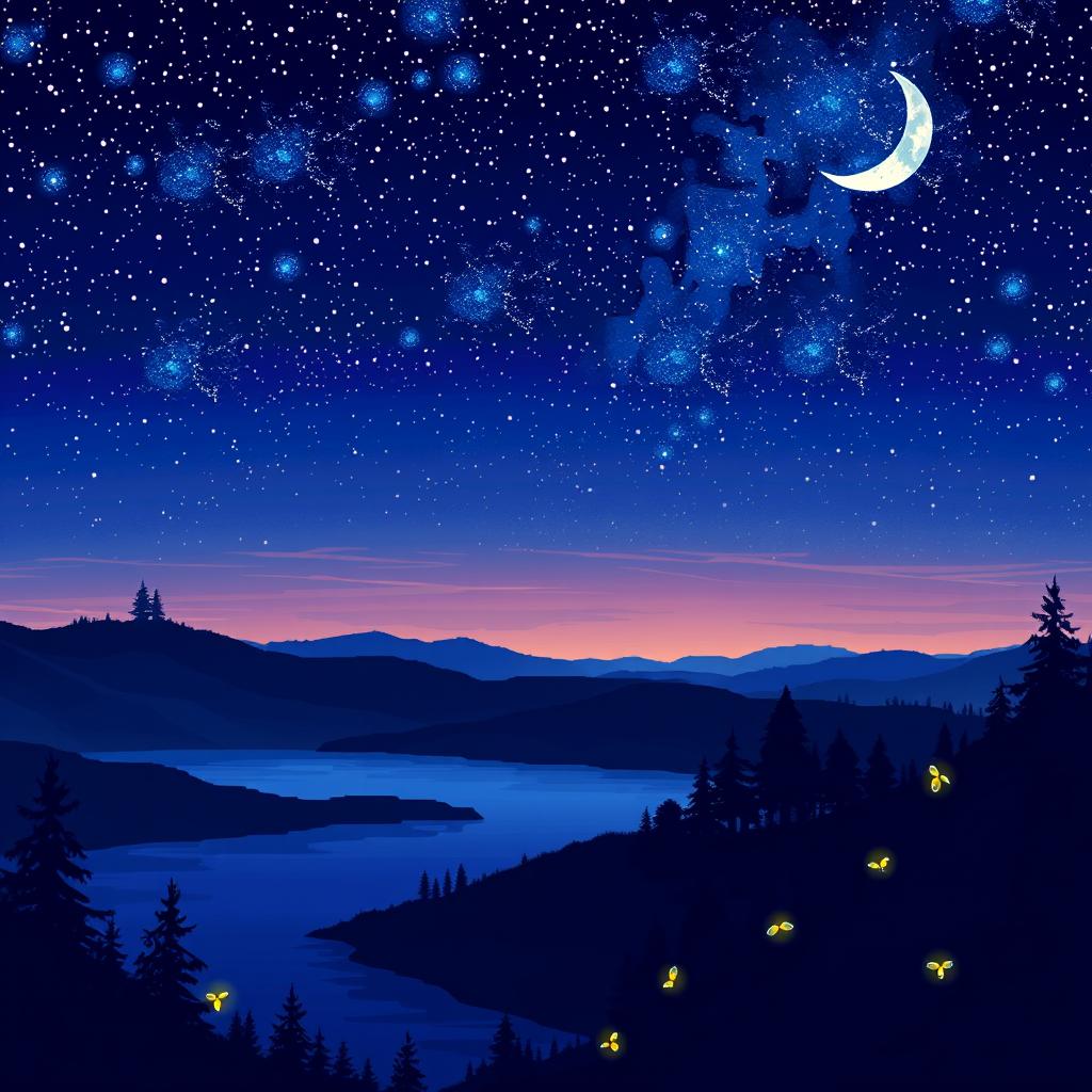 A very beautiful night landscape illustrated in pixel art style, showcasing a rich night sky filled with twinkling stars and a luminous crescent moon