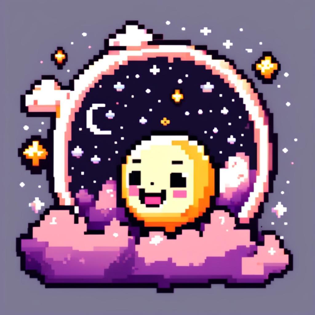 Pixel art profile picture featuring a cute, smiling moon against a cosmic background filled with stars and galaxies, framed by a black border