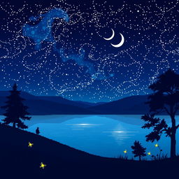A very beautiful night landscape illustrated in pixel art style, showcasing a rich night sky filled with twinkling stars and a luminous crescent moon