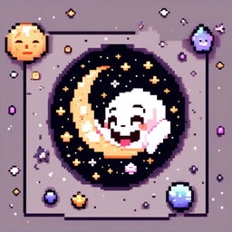 Pixel art profile picture featuring an adorable, smiling moon against a cosmic background filled with stars and galaxies, framed by a black border