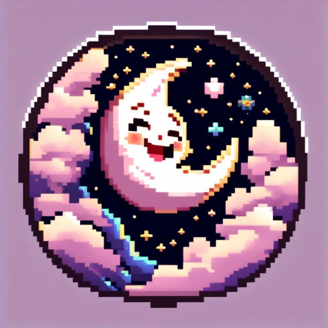 Pixel art profile picture featuring an adorable, smiling moon against a cosmic background filled with stars and galaxies, framed by a black border