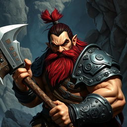 A fierce-looking dwarf fighter with dark red hair, wearing intricate armor adorned with runes and symbols