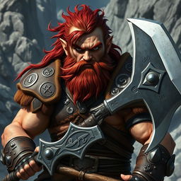 A fierce-looking dwarf fighter with dark red hair, wearing intricate armor adorned with runes and symbols