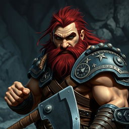 A fierce-looking dwarf fighter with dark red hair, wearing intricate armor adorned with runes and symbols