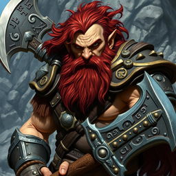 A fierce-looking dwarf fighter with dark red hair, wearing intricate armor adorned with runes and symbols