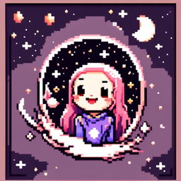 Pixel art profile picture featuring an adorable, smiling moon against a cosmic background filled with stars and galaxies, framed by a black border