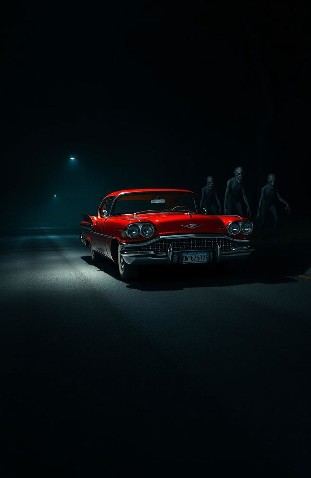 A vintage red classic car resembling a Buick parked on a dark, ominous road at night