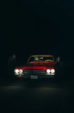 A vintage red classic car resembling a Buick parked on a dark, ominous road at night