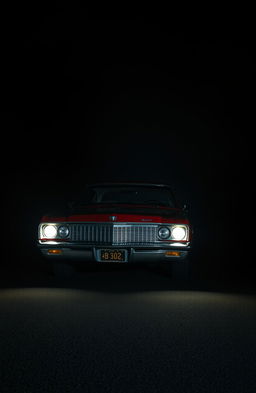 A vintage red classic car resembling a Buick parked on a dark, ominous road at night