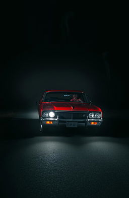 A vintage red classic car resembling a Buick parked on a dark, ominous road at night