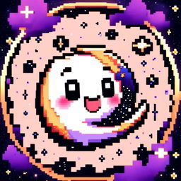 Pixel art profile picture featuring an adorable, smiling moon against a cosmic background filled with stars and galaxies, framed by a black border