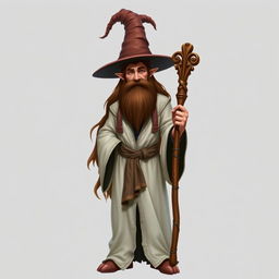 A standing demi-elf wizard with long, flowing brown hair and a full beard, dressed in white worn robes that drape elegantly around his figure, topped with a large, whimsical wizard hat