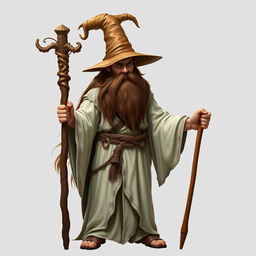 A standing demi-elf wizard with long, flowing brown hair and a full beard, dressed in white worn robes that drape elegantly around his figure, topped with a large, whimsical wizard hat