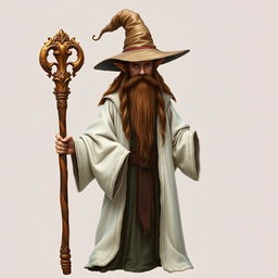 A standing demi-elf wizard with long, flowing brown hair and a full beard, dressed in white worn robes that drape elegantly around his figure, topped with a large, whimsical wizard hat