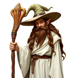 A standing demi-elf wizard with long, flowing brown hair and a full beard, dressed in white worn robes that drape elegantly around his figure, topped with a large, whimsical wizard hat