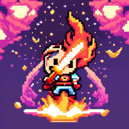 Pixel art profile picture featuring a flaming sword against a cosmic background.