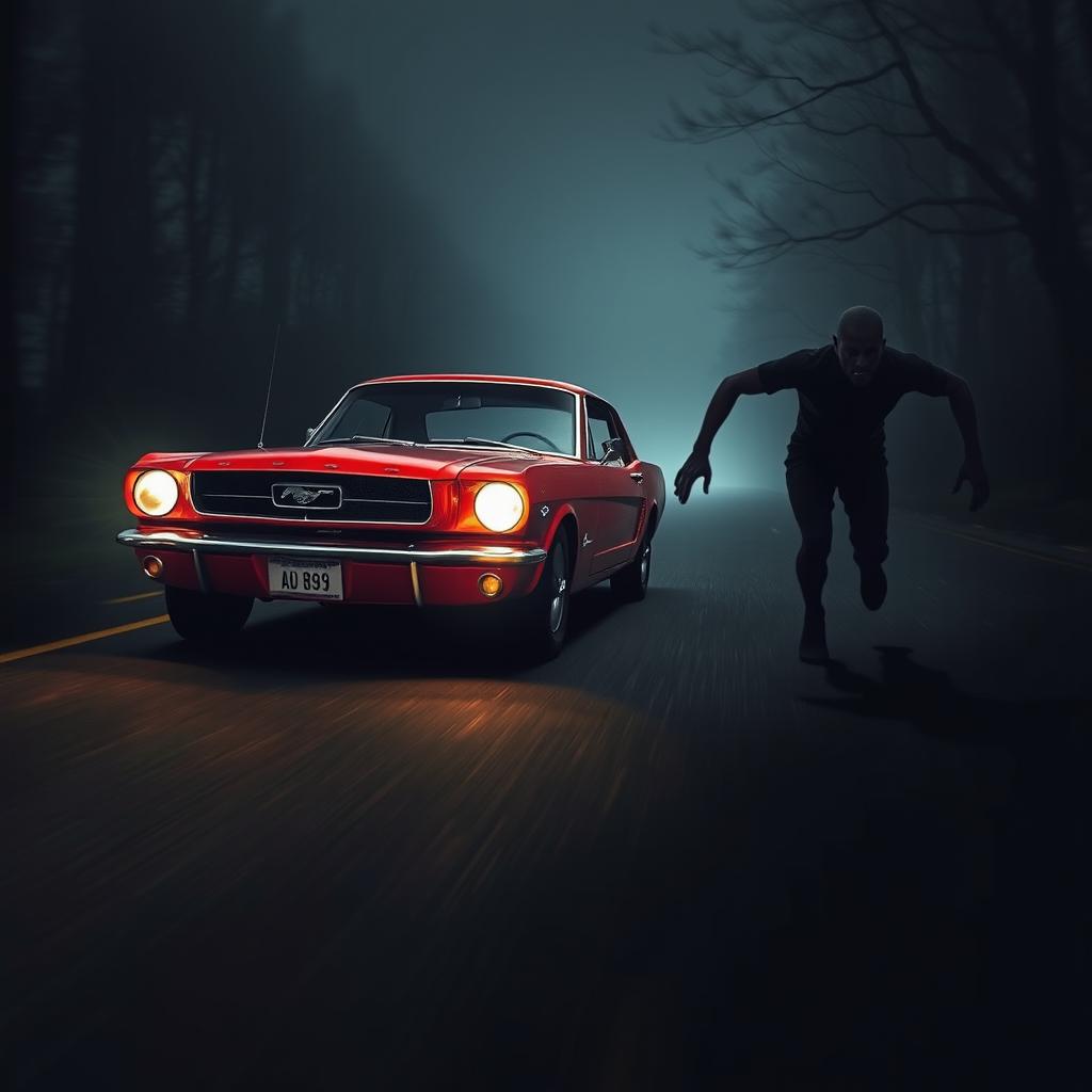 A dynamic scene featuring a vintage red classic car resembling a Mustang speeding down a dark, deserted road at night