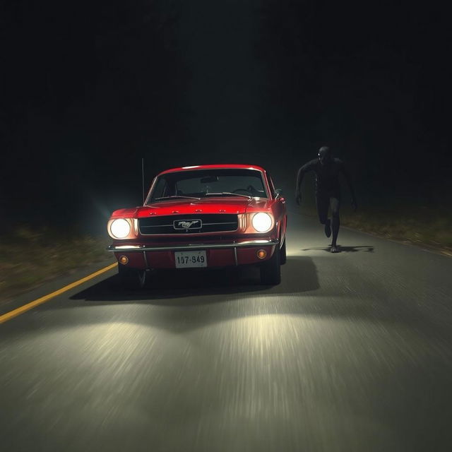 A dynamic scene featuring a vintage red classic car resembling a Mustang speeding down a dark, deserted road at night