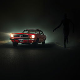 A dynamic scene featuring a vintage red classic car resembling a Mustang speeding down a dark, deserted road at night