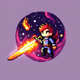 Pixel art profile picture featuring a flaming sword against a cosmic background.