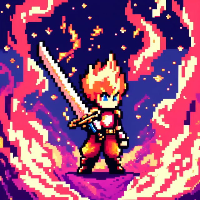 Pixel art profile picture featuring a flaming sword against a cosmic background.