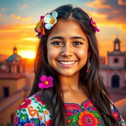 A vibrant portrait of a 19-year-old Mexican girl, showcasing her traditional culture