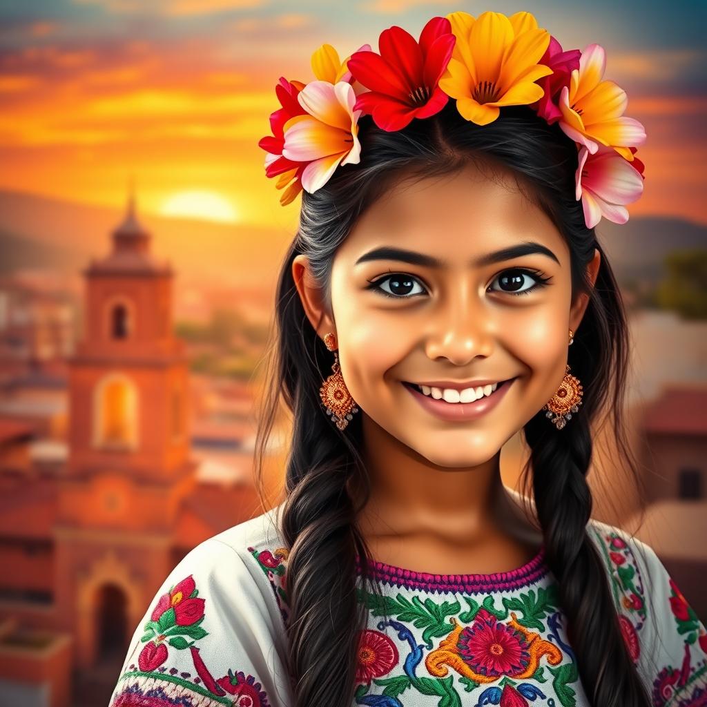 A vibrant portrait of a 19-year-old Mexican girl, showcasing her traditional culture