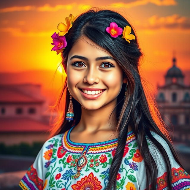 A vibrant portrait of a 19-year-old Mexican girl, showcasing her traditional culture