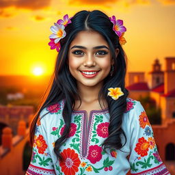 A vibrant portrait of a 19-year-old Mexican girl, showcasing her traditional culture