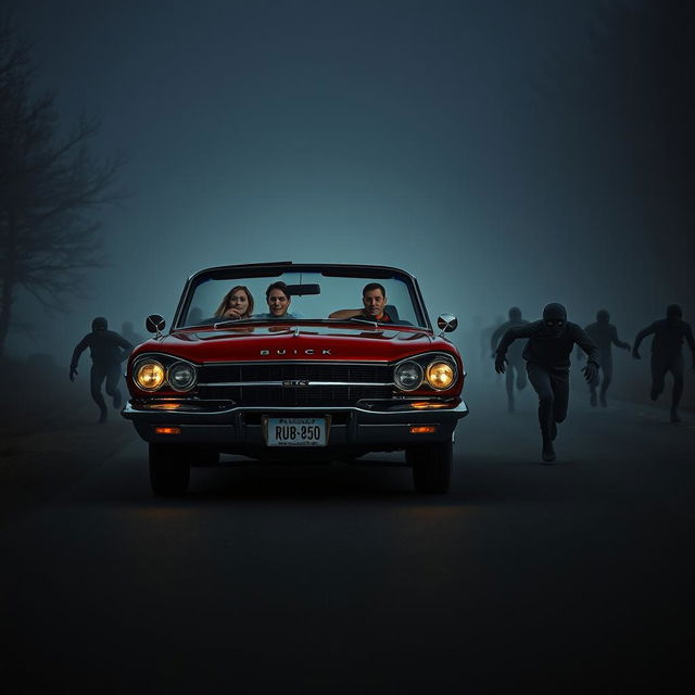 A thrilling scene depicting a vintage red classic Buick driving down a dark, deserted road at night