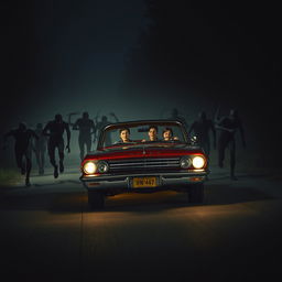 A thrilling scene depicting a vintage red classic Buick driving down a dark, deserted road at night