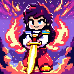 Pixel art profile picture featuring a flaming sword against a cosmic background.