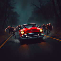 An exhilarating cover design featuring a vintage red classic car resembling a Buick racing down a dark, deserted road at night