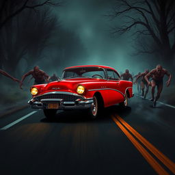 An exhilarating cover design featuring a vintage red classic car resembling a Buick racing down a dark, deserted road at night
