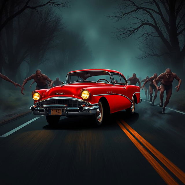 An exhilarating cover design featuring a vintage red classic car resembling a Buick racing down a dark, deserted road at night