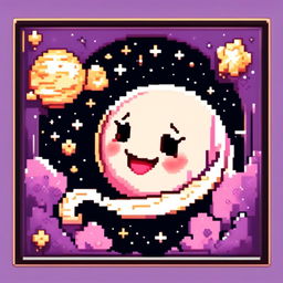 Pixel art profile picture featuring an adorable, smiling moon against a cosmic background filled with stars and galaxies, framed by a black border