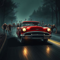 An exhilarating cover design featuring a vintage red classic car resembling a Buick racing down a dark, deserted road at night