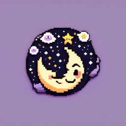 Pixel art profile picture featuring an adorable, smiling moon against a cosmic background filled with stars and galaxies, framed by a black border