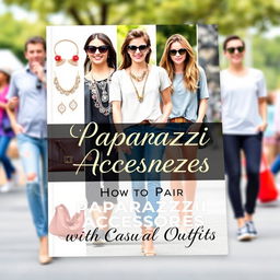 An attractive and stylish ebook cover showcasing a variety of paparazzi accessories such as bold jewelry, trendy handbags, and chic sunglasses paired with casual outfits like denim jeans, stylish t-shirts, and comfortable sneakers