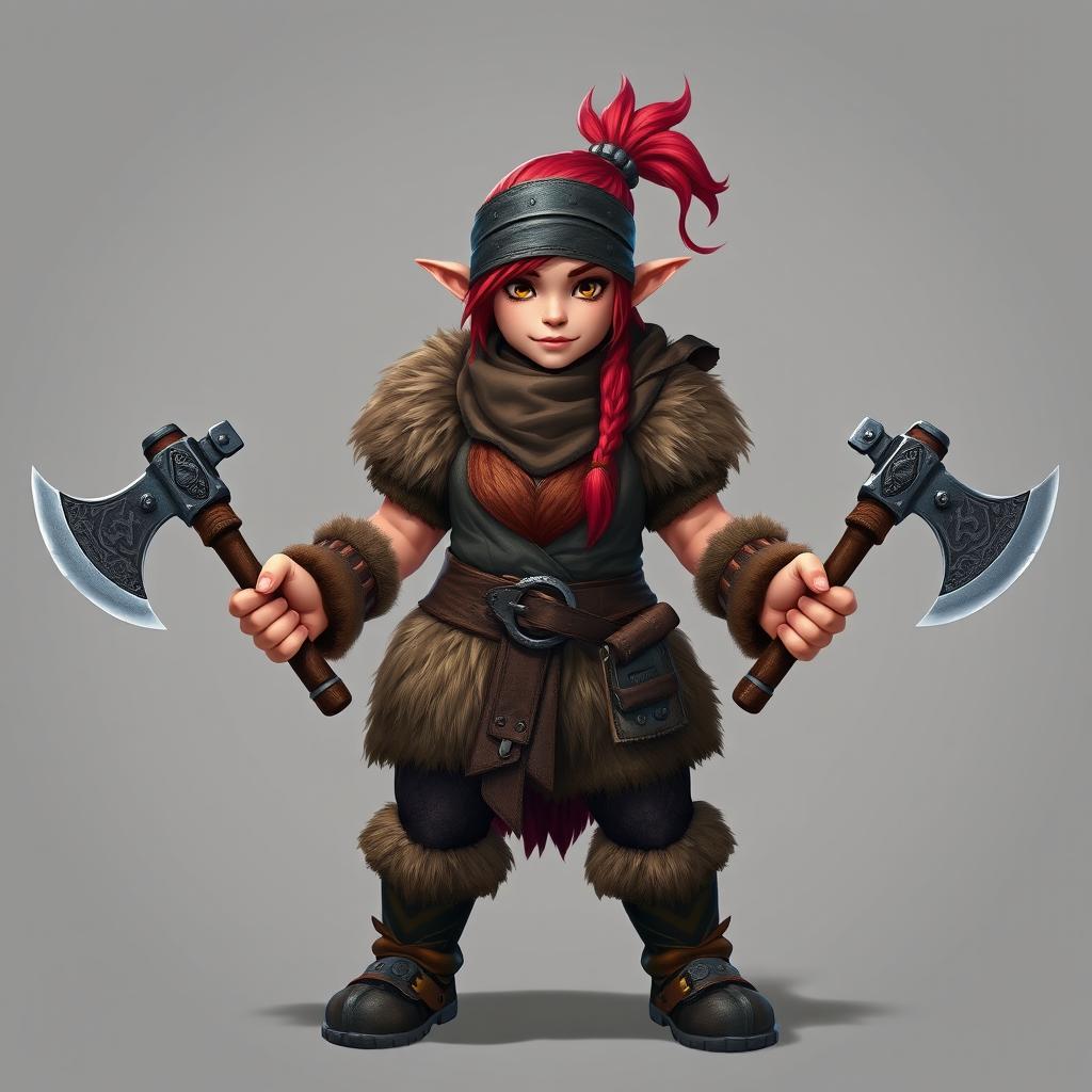 A standing female dwarf with striking red hair styled under a leather bandana, exuding strength and determination