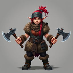 A standing female dwarf with striking red hair styled under a leather bandana, exuding strength and determination