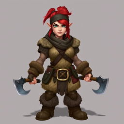 A standing female dwarf with striking red hair styled under a leather bandana, exuding strength and determination