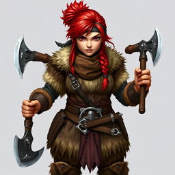 A standing female dwarf with striking red hair styled under a leather bandana, exuding strength and determination