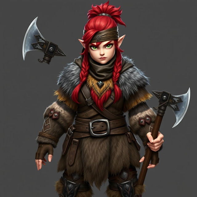 A standing female dwarf with striking red hair styled under a leather bandana, exuding strength and determination