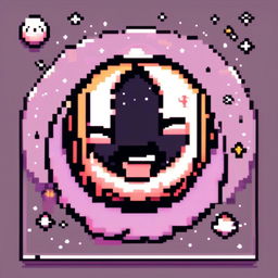 Pixel art profile picture featuring an adorable, smiling moon against a cosmic background filled with stars and galaxies, framed by a black border