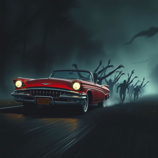 An intense cover design depicting a vintage red classic car resembling a Buick racing along a dark, deserted road at night