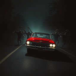 An intense cover design depicting a vintage red classic car resembling a Buick racing along a dark, deserted road at night