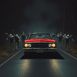 An intense cover design depicting a vintage red classic car resembling a Buick racing along a dark, deserted road at night