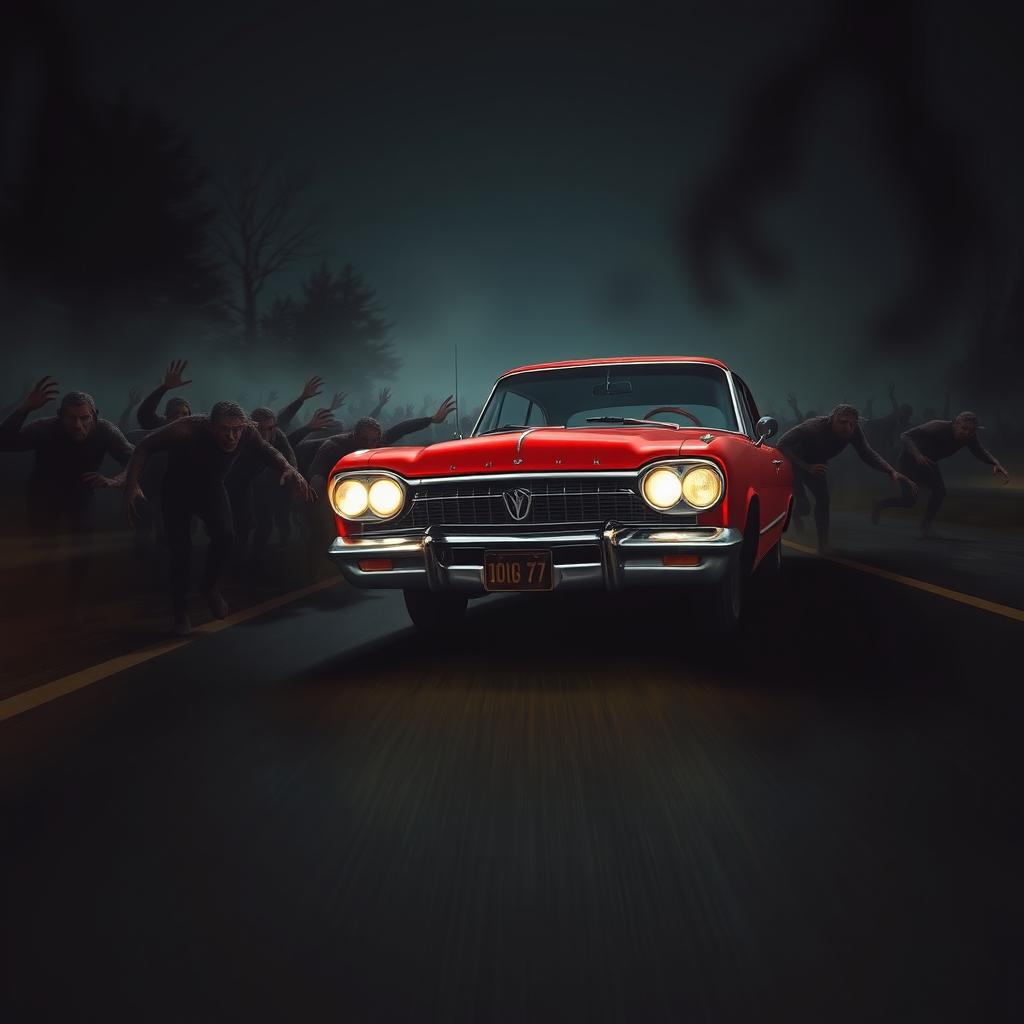 An intense cover design depicting a vintage red classic car resembling a Buick racing along a dark, deserted road at night